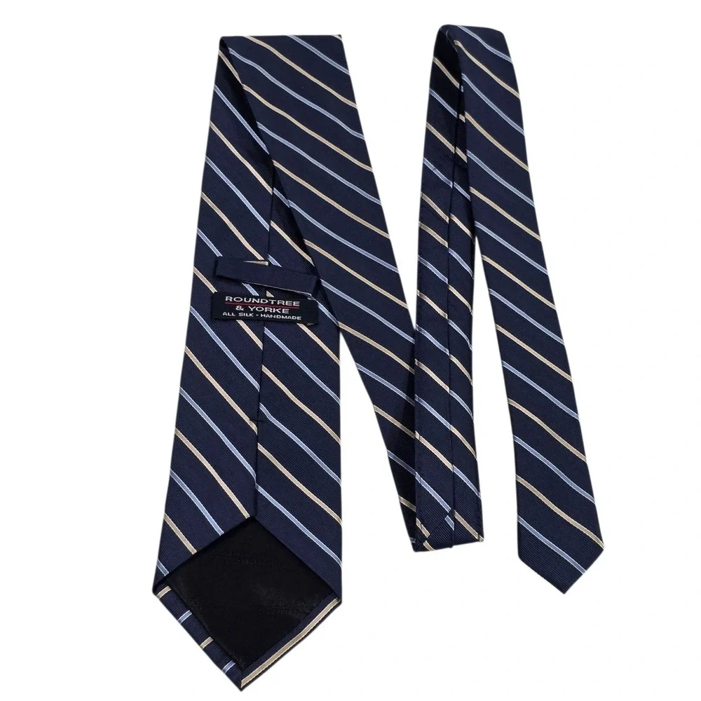 ROUNDTREE & YORKE Striped REPP Silk Handmade Necktie Blue Navy Cream‎ Classic